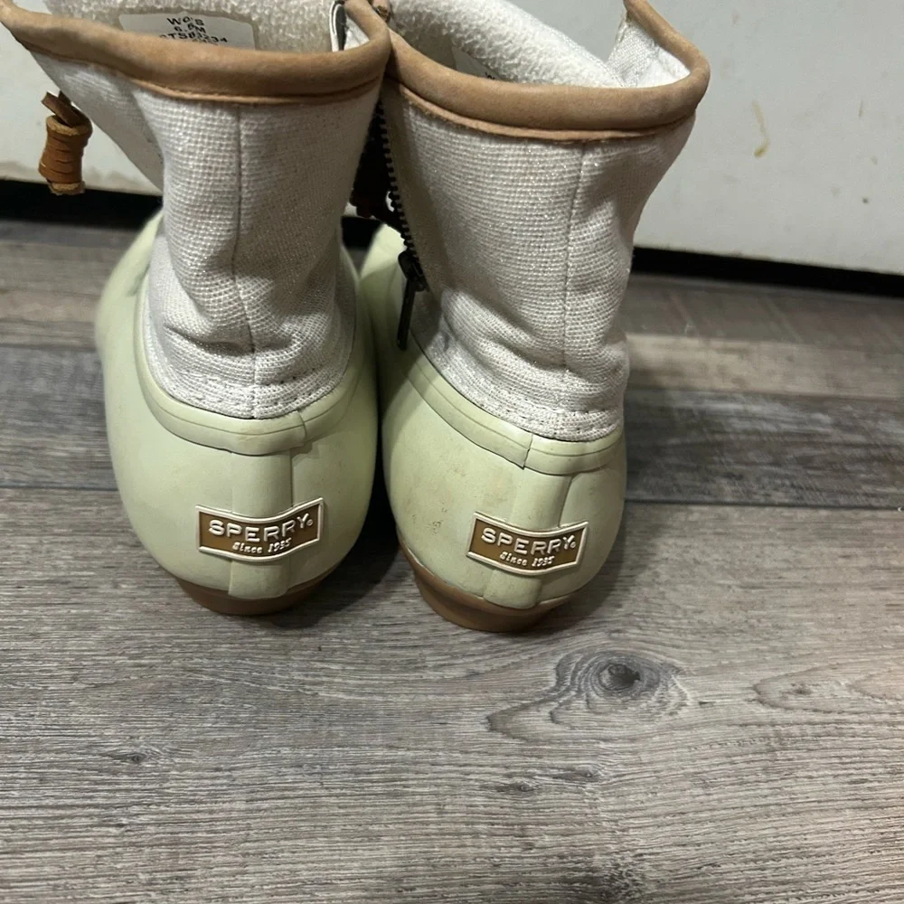 Sperry Saltwater Waterproof Rubber bottom Duck metallic Cream and Tan Duck Boots